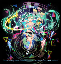 Rule 34 | 1girl, :d, absurdly long hair, aqua eyes, aqua hair, armpits, bandeau, black background, black choker, black gloves, black jacket, black shorts, breasts, choker, collarbone, crop top, crop top overhang, full body, gloves, half gloves, hatsune miku, headphones, highres, jacket, leg up, long hair, looking at viewer, medium breasts, micro shorts, midriff, multiple straps, murakami yuichi, navel, off shoulder, official art, open clothes, open jacket, open mouth, outstretched arms, partially fingerless gloves, project sekai, see-through, shirt, shoes, short sleeves, shorts, simple background, smile, solo, stomach, strap, thigh strap, thighs, twintails, very long hair, vocaloid