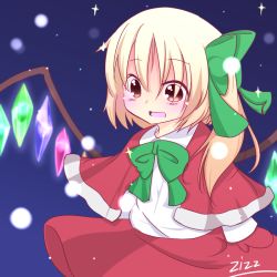 Rule 34 | 1girl, artist name, blonde hair, blush, bow, capelet, christmas, flandre scarlet, hair bow, mittens, night, no headwear, open mouth, orange eyes, red mittens, short hair, side ponytail, smile, snowing, touhou, wings, zizz (egoisto)