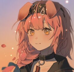 Rule 34 | 1girl, animal ears, arknights, black collar, black hairband, black jacket, blue bow, bow, braid, cat ears, closed mouth, collar, collarbone, commentary request, goldenglow (arknights), hair bow, hair over shoulder, hairband, hehe553756, highres, jacket, lightning bolt print, long hair, orange eyes, petals, pink hair, portrait, print hairband, signature, single braid, solo