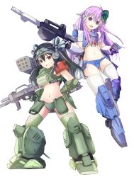 Rule 34 | absurdres, bimmy, black hair, boots, crop top, gloves, gun, hair ornament, hairclip, highres, layzner, long hair, mecha, nepgear, neptune (series), open mouth, purple eyes, purple hair, red eyes, robot, scopedog, thighs, tsundere, twintails, two side up, uni (neptunia), weapon