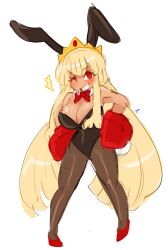 Rule 34 | 1girl, blonde hair, boxing gloves, breasts, character request, crown, dark-skinned female, dark skin, emerald kitty, grin, highres, huge breasts, large breasts, leotard, playboy bunny, rabbit ears, red eyes, smile, solo, sweat