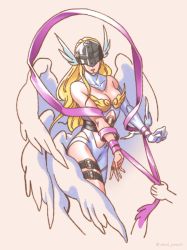 Rule 34 | angel, angel girl, angewomon, armor, belt, blonde hair, breastplate, digimon, gloves, long hair, mask, pulling, ribbon, wings