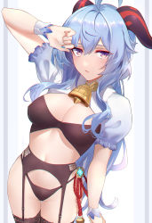 Rule 34 | 1girl, ahoge, bell, black bra, black panties, black thighhighs, blue hair, bra, breasts, cleavage, cowbell, cowboy shot, curled horns, ganyu (genshin impact), garter belt, garter straps, genshin impact, goat horns, hand up, highres, horns, lace, lace-trimmed legwear, lace trim, large breasts, long hair, looking at viewer, low ponytail, navel, neck bell, panties, purple eyes, shigure s, shrug (clothing), solo, thighhighs, underwear, underwear only, vision (genshin impact), wrist cuffs