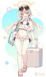 Rule 34 | 1girl, :d, absurdres, bag, bikini, blue archive, breasts, brown eyes, brown hair, cleavage, collarbone, commentary request, detached sleeves, eyewear on head, flip-flops, frilled bikini, frills, full body, hair ornament, halo, hifumi (blue archive), hifumi (swimsuit) (blue archive), highres, light brown hair, long hair, looking at viewer, low twintails, navel, official alternate costume, open mouth, ribbon-trimmed swimsuit, ribbon trim, sandals, short sleeves, shoulder bag, sidelocks, simple background, small breasts, smile, solo, stomach, suitcase, sunglasses, swimsuit, toes, twintails, twitter username, walking, white bikini, yellow eyes, zoirun