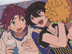 2boys bishounen black_hair blurry blurry_background bottle cheerleader chromatic_aberration collared_shirt dual_wielding ensemble_stars! fang green_eyes hair_between_eyes hands_up headband highres holding holding_bottle isara_mao leaning_on_person looking_at_another looking_to_the_side male_focus multicolored_shirt multiple_boys niyororinpayamaru open_mouth pom_pom_(cheerleading) red_eyes red_hair sakuma_ritsu shirt short_hair short_sleeves side-by-side sweatdrop t-shirt upper_body water_bottle white_headband white_shirt wing_collar yellow_trim