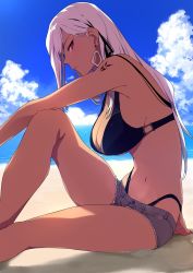 Rule 34 | 1girl, :|, beach, bikini, black bikini, blue sky, breasts, character request, cleavage, closed mouth, cloud, cutoffs, dark-skinned female, dark skin, denim, denim shorts, earrings, feet out of frame, female focus, from side, highleg, highleg bikini, jewelry, juken no hime no overkill, knee up, large breasts, long hair, looking at viewer, looking to the side, micro shorts, navel, ocean, official art, outdoors, profile, red eyes, shadow, shorts, sideways glance, sitting, sky, sohin, solo, swimsuit, tattoo, thighs, water, white hair