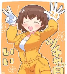 Rule 34 | 1girl, :d, arms up, artist logo, brown hair, closed eyes, commentary, dated, facing viewer, floral background, freckles, girls und panzer, gloves, jumpsuit, long sleeves, mechanic, open mouth, orange background, orange jumpsuit, outline, shirt, short hair, smile, solo, standing, translated, tsuchiya (girls und panzer), uniform, v, white gloves, white outline, white shirt, yb norio