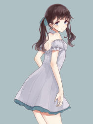 Rule 34 | 1girl, arched back, back, backless dress, backless outfit, bare shoulders, black hair, blush, breasts, closed mouth, cowboy shot, dress, from side, grey background, grey dress, kashiwagi chisame, light smile, long hair, looking at viewer, looking back, low twintails, original, ribbed dress, simple background, small breasts, smile, solo, tareme, thighs, twintails