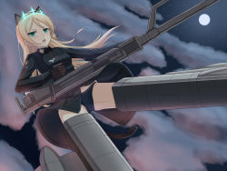 Rule 34 | 1girl, animal ears, aqua eyes, blonde hair, blush, brown gloves, cat ears, cat tail, cloud, flying, full moon, gloves, gun, heinrike prinzessin zu sayn-wittgenstein, highres, hirschgeweih antennas, holding, long hair, long sleeves, military, military uniform, moon, night, night sky, noble witches, open mouth, panties, sky, solo, star (sky), strike witches, striker unit, tail, underwear, uniform, weapon, world witches series, yakob labo