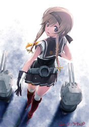 Rule 34 | 10s, 1girl, artist name, black skirt, blue eyes, boots, braid, brown hair, commentary, dated, from above, from behind, hair between eyes, hair ornament, high heel boots, high heels, kantai collection, knee boots, long hair, looking at viewer, looking back, neckerchief, outstretched arm, over-kneehighs, pleated skirt, propeller hair ornament, red footwear, rudder footwear, school uniform, serafuku, shadow, skirt, solo, teruzuki (kancolle), thighhighs, twin braids, ugeppa, walking, white thighhighs
