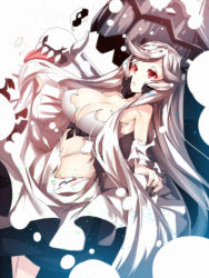 Rule 34 | 10s, 1girl, abyssal ship, breasts, cleavage, colored skin, dress, horns, kantai collection, large breasts, long hair, midway princess, pale skin, red eyes, simple background, sketch, solo, torn clothes, very long hair, white dress, white hair, white skin, yuuji (yukimimi)
