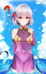 Rule 34 | 1girl, :o, ?, arm behind back, bare shoulders, blue sky, blush, breasts, commentary request, day, detached sleeves, dress, earrings, endsmall min, fate/grand order, fate (series), hair between eyes, hair ribbon, highres, in water, jewelry, kama (fate), kama (first ascension) (fate), leaf, looking at viewer, navel, outdoors, purple dress, red eyes, red ribbon, ribbon, short hair, silver hair, sky, sleeveless, sleeveless dress, solo, standing, wading