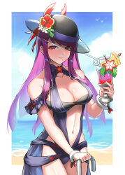 Rule 34 | 1girl, alternate costume, artist name, bare shoulders, beach, black hat, blue sky, breasts, burnt green tea, cloud, cowboy shot, cup, day, drinking glass, drinking straw, female focus, fire emblem, fire emblem engage, fire emblem heroes, flower, hat, hat flower, highres, holding, holding cup, ivy (fire emblem), large breasts, long hair, looking at viewer, matching hair/eyes, mole, mole under mouth, navel, nintendo, official alternate costume, one-piece swimsuit, purple eyes, purple hair, sky, smile, solo, standing, stomach, swimsuit, thighs, tropical drink, very long hair