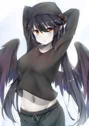 Rule 34 | 1girl, arms behind head, arms up, black hair, black hat, black shirt, black shorts, breasts, closed mouth, crop top, crop top overhang, feathered wings, groin, hat, highres, horns, long hair, long sleeves, looking at viewer, medium breasts, midriff, navel, orange eyes, original, pale skin, shirt, shorts, simple background, solo, stomach, umou (may65879), upper body, very long hair, white background, wings
