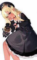Rule 34 | 1girl, absurdres, belt, blonde hair, blush, bow, bowtie, brown eyes, cane, dark-skinned female, dark skin, dress, elf, hat, highres, hololive, jacket, kintsuba (shiranui flare), looking at viewer, mania (fd6060 60), mask, pointy ears, ponytail, sailor collar, shiranui flare, shiranui flare (street), simple background, top hat, virtual youtuber, white background