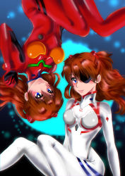 2girls blue_eyes bodysuit breasts brown_hair clone clown evangelion:_3.0+1.0_thrice_upon_a_time eyepatch fashionable fashionable_clown gloves grin hair_ornament hairclip highres long_hair looking_at_viewer multiple_girls neon_genesis_evangelion plugsuit rebuild_of_evangelion red_bodysuit sitting smile souryuu_asuka_langley thighs upside-down white_bodysuit