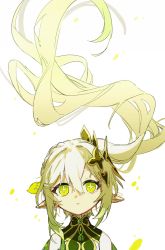 Rule 34 | 1girl, absurdly long hair, absurdres, bad id, bad twitter id, bare shoulders, braid, closed mouth, commentary, dress, floating hair, flower-shaped pupils, genshin impact, gold trim, green dress, green eyes, green theme, hair ornament, highres, kurattes, leaf hair ornament, long hair, nahida (genshin impact), pointy ears, portrait, side ponytail, sidelocks, solo, symbol-shaped pupils, very long hair, white background, white hair