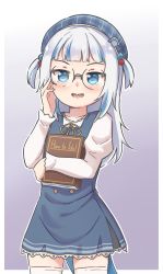 Rule 34 | 1girl, :d, alternate costume, beret, bespectacled, blue dress, blue eyes, blue hair, blue hat, blush, book, commentary, cowboy shot, dress, english commentary, fins, fish tail, gawr gura, glasses, hair bobbles, hair ornament, hand up, hat, highres, hololive, hololive english, hugging object, juliet sleeves, long hair, long sleeves, multicolored hair, neck ribbon, open mouth, plaid headwear, puffy sleeves, ribbon, round eyewear, rutorifuki, shark tail, sharp teeth, shirt, sleeveless, sleeveless dress, smile, solo, standing, streaked hair, tail, teeth, thighhighs, two side up, virtual youtuber, white hair, white shirt, white thighhighs, yellow ribbon