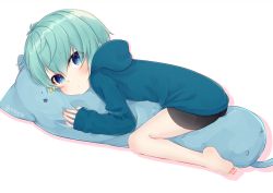 Rule 34 | 1boy, barefoot, blue eyes, blue hair, blush, child, feet, hood, hoodie, male focus, original, os (os fresa), shorts, simple background, sleeves past wrists, solo, souta (os), toes, twitter username, white background