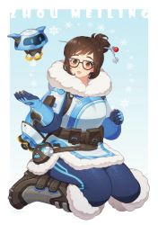 Rule 34 | 1girl, bad id, bad twitter id, beads, belt, belt pouch, black-framed eyewear, blue gloves, blue legwear, boots, brown eyes, brown hair, canister, canteen, coat, drone, floating, fur-trimmed boots, fur-trimmed jacket, fur boots, fur coat, fur trim, glasses, gloves, hair bun, hair ornament, hair stick, hand up, jacket, looking at viewer, machinery, mei (overwatch), overwatch, overwatch 1, parka, parted lips, pink lips, pouch, robot, shoes, short hair, sidelocks, single hair bun, sitting, smile, snowball (overwatch), snowflake hair ornament, solo, spiked shoes, spikes, swept bangs, wariza, winter clothes, winter coat