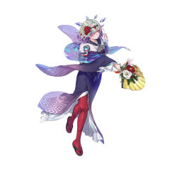 Rule 34 | 1girl, attack, crystal, fire emblem, fire emblem heroes, flower, green eyes, grey hair, hair flower, hair ornament, hair over one eye, hand fan, holding, holding fan, japanese clothes, kimono, kvasir (fire emblem), kvasir (unknown future) (fire emblem), nintendo, official alternate costume, official art, paper fan, short hair, solo, white background