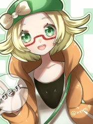 Rule 34 | 1girl, :d, absurdres, bianca (pokemon), blonde hair, bow, creatures (company), game freak, glasses, green eyes, green hat, hat, highres, hood, hooded jacket, jacket, kurumiya (krmy p), looking at viewer, nintendo, open clothes, open jacket, open mouth, orange jacket, outline, pokemon, pokemon bw2, shirt, short hair, smile, solo, teeth, twitter username, upper body, upper teeth only, white bow, white shirt