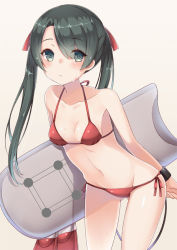 Rule 34 | 10s, 1girl, bad id, bad pixiv id, bare arms, bare shoulders, holding behind back, beige background, bikini, blush, braid, breasts, closed mouth, collarbone, gluteal fold, green eyes, green hair, hair ribbon, holding, kantai collection, leaning forward, long hair, looking at viewer, matching hair/eyes, mikuma (kancolle), navel, red bikini, red ribbon, ribbon, simple background, small breasts, solo, stomach, surfboard, sweatdrop, swimsuit, twin braids, wristband, yuzu-aki