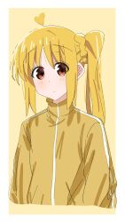 Rule 34 | 1girl, absurdres, blonde hair, blush, bocchi the rock!, commentary request, highres, kita ikuyo, long sleeves, looking at viewer, misokin, shirt, solo, track suit, turtleneck, yellow shirt, yellow track suit