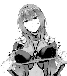Rule 34 | 1girl, absurdres, armor, bodysuit, breasts, covered navel, cu chulainn (fate), fate/grand order, fate (series), gae bolg (fate), greyscale, highres, cu chulainn (fate/stay night), large breasts, long hair, looking at viewer, monochrome, pauldrons, polearm, purple bodysuit, purple hair, scathach (fate), scathach (fate), shoulder armor, soba (saz), solo, spear, upper body, very long hair, weapon