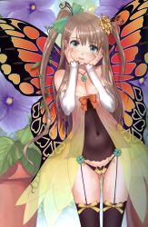 Rule 34 | 1girl, absurdres, black thighhighs, blue eyes, breasts, brown hair, butterfly wings, cameltoe, cleavage, clover, covered navel, detached sleeves, dress, four-leaf clover, garter straps, green eyes, hair ornament, hands on own cheeks, hands on own face, highres, insect wings, jewelry, long hair, lowleg, lowleg panties, necklace, panties, scan, scrunchie, see-through, sidelocks, solo, string panties, thighhighs, tony taka, twintails, two side up, underwear, wings, yellow panties