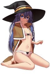 Rule 34 | 1girl, absurdres, blue eyes, blue hair, blush, bra, breasts, brown cloak, cloak, closed mouth, commentary, embarrassed, english commentary, full body, hair between eyes, hat, highres, long hair, looking at viewer, mushoku tensei, navel, paid reward available, panties, roxy migurdia, signature, simple background, sitting, small breasts, solo, stomach, toes, underwear, very long hair, wariza, white background, white bra, white panties, witch hat, x xith x