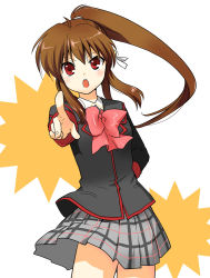 Rule 34 | 1girl, :o, bow, brown hair, foreshortening, little busters!, long hair, misaki juri, natsume rin, open mouth, pink bow, plaid, plaid skirt, pointing, ponytail, red eyes, school uniform, skirt, solo