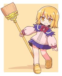 Rule 34 | 1girl, blonde hair, blue capelet, blue skirt, blush stickers, bow, broom, brown background, capelet, chibi, commentary request, full body, grin, hair between eyes, highres, holding, holding broom, loafers, long sleeves, looking at viewer, minis, naga u, pink shirt, pleated skirt, puffy long sleeves, puffy sleeves, red bow, shadow, shirt, shoes, skirt, sleeves past wrists, smile, solo, standing, standing on one leg, summon night, summon night 2, two-tone background, white background, yellow eyes, yellow footwear