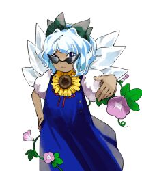 Rule 34 | 1girl, blue dress, cirno, closed mouth, collared shirt, commentary request, dress, flat chest, flower, green ribbon, grey hair, hair ribbon, hand on own hip, hand up, highres, ice, ice wings, kaigen 1025, medium hair, morning glory, neck ribbon, phantasmagoria of flower view, pinafore dress, pink flower, puffy short sleeves, puffy sleeves, red ribbon, ribbon, shirt, short sleeves, simple background, sleeveless, sleeveless dress, sunflower, sunglasses, tan, tanned cirno, touhou, white background, white shirt, wings