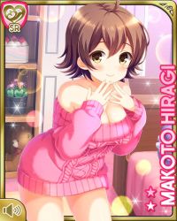 Rule 34 | 1girl, ahoge, bare shoulders, bottomless, brown eyes, brown hair, card (medium), character name, closed mouth, girlfriend (kari), hand on own face, hiragi makoto, indoors, kitchen, official art, pink sweater, qp:flapper, short hair, smile, solo, sweater