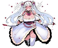 Rule 34 | blood, blunt bangs, blush, breasts, choker, cleavage, dress, highres, knife, large breasts, miitoban, smile, solo, thighhighs, wavy hair, white hair