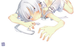 Rule 34 | 1girl, ass, butt crack, dress, flat chest, freckles, highres, looking at viewer, lying, on stomach, original, sakuya tsuitachi, grey eyes, silver hair, solo