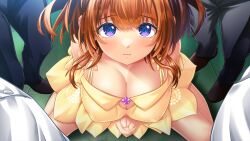 Rule 34 | 1girl, blush, breasts, brown hair, cleavage, covered erect nipples, dress, eyebrows hidden by hair, from above, game cg, horinouchi momone, indoors, large breasts, legs, looking at viewer, original, oshare kyoushitsu, own hands together, play! play! play! lock!, purple eyes, sitting, standing, thighs, twintails, wazakita, yellow dress, yuuki shin