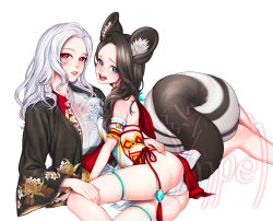 Rule 34 | 2girls, animal ears, ass, asymmetrical docking, black hair, black shirt, blade &amp; soul, blue eyes, breast press, commission, face-to-face, hand on another&#039;s leg, hand on another&#039;s waist, highres, inpel, japanese clothes, jin (blade &amp; soul), kimono, leaning back, lips, long hair, lying, lyn (blade &amp; soul), multiple girls, obi, on side, open mouth, panties, raccoon ears, raccoon tail, red eyes, red kimono, sash, shirt, silver hair, sitting, tail, thigh strap, underwear, white kimono, white panties