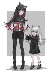 Rule 34 | 2girls, :d, aged down, ahoge, animal ear fluff, animal ears, ankle boots, arknights, black capelet, black footwear, black hair, black jacket, black legwear, black shorts, boots, brown eyes, capelet, chinese commentary, commentary request, dack egg, food, full body, grey eyes, hair ornament, hairclip, hand up, height difference, holding, holding food, id card, jacket, lappland (arknights), long hair, long sleeves, multicolored hair, multiple girls, open mouth, pantyhose, pocky, red hair, scar, scar across eye, scar on face, shoes, short shorts, shorts, silver hair, smile, socks, standing, texas (arknights), very long hair, white jacket, white legwear, wide sleeves, wolf ears