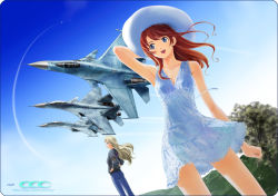 Rule 34 | 2girls, aircraft, airplane, blonde hair, blue eyes, breasts, brown hair, cleavage, collarbone, contrail, day, dress, fighter jet, hands in pockets, hat, jacket, jet, long hair, military, military vehicle, multiple girls, open mouth, original, red hair, shirotsumekusa, skirt, small breasts, su-33, thigh gap, white dress, white skirt