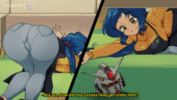 Rule 34 | 1990s (style), 1girl, all fours, apron, ass, black apron, blue hair, bluethebone, breast press, breasts, commentary, english commentary, english text, from behind, green eyes, grey pants, gundam, gundam build fighters, gunpla, huge ass, iori rinko, large breasts, long hair, long sleeves, mature female, model kit, pants, patreon username, ponytail, retro artstyle, subtitled, sweater, top-down bottom-up, yellow sweater