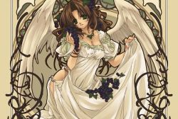 Rule 34 | 1girl, angel, art nouveau, brown hair, dress, food, food as clothes, fruit, grapes, green eyes, jewelry, long hair, malino (dream maker), necklace, solo, wings