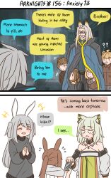 Rule 34 | +++, 2koma, 4boys, 5girls, :&lt;, ?, ??, amiya (arknights), animal ear fluff, animal ears, arknights, bare shoulders, black pants, blue cloak, blue shirt, breasts, brown hair, brown shirt, child, cloak, closed mouth, collared shirt, comic, commentary, dirty, dirty clothes, dirty face, doctor (arknights), dress, dress shirt, english commentary, english text, facial hair, green dress, grey hair, grey jacket, grey pants, grey scarf, grey sweater, guin guin, hellagur (arknights), highres, jacket, kal&#039;tsit (arknights), long hair, long sleeves, multiple boys, multiple girls, mustache, off-shoulder jacket, off shoulder, old man (guin guin), pants, peeking out, puffy long sleeves, puffy sleeves, rabbit ears, savage (arknights), scarf, shirt, sleeveless, sleeveless shirt, small breasts, sunglasses, sweater, triangle mouth, turtleneck, turtleneck sweater, two side up, very long hair, white shirt, | |