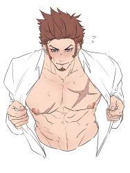 Rule 34 | 1boy, abs, alternate costume, bara, bare pectorals, blue eyes, blush, brown hair, casual, cropped torso, cross scar, enomoto (guroria009), facial hair, fate/grand order, fate (series), goatee, large pectorals, long sideburns, male focus, muscular, napoleon bonaparte (fate), navel, nipples, open clothes, open shirt, pectorals, scar, scar on chest, shirt, short hair, sideburns, solo, undressing, wet, white background, white shirt