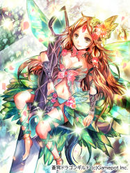 Rule 34 | 1girl, blonde hair, blue panties, blue ribbon, breasts, brown eyes, bug, butterfly, butterfly wings, cherry blossoms, cleavage, copyright name, copyright request, forehead jewel, insect, insect wings, leg ribbon, long hair, medium breasts, midriff, navel, official art, panties, parted bangs, pointy ears, ribbon, rioka (southern blue sky), sitting, smile, solo, sparkle, stomach, underwear, very long hair, wings