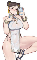 Rule 34 | 1girl, absurdres, bare legs, black footwear, black panties, bracelet, breasts, brown eyes, brown hair, capcom, cellphone, china dress, chinese clothes, chun-li, cleavage, covered navel, double bun, dress, earrings, female focus, gold trim, hair bun, high heels, highleg, highleg dress, highleg panties, highres, holding, holding phone, jewelry, large breasts, panties, panty straps, parted lips, pearl earrings, pelvic curtain, phone, pink lips, ratatatat74, selfie, short dress, side-tie panties, side slit, simple background, smartphone, solo, strappy heels, street fighter, thighs, underwear, white background