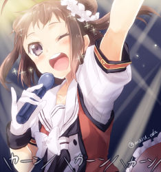 Rule 34 | 10s, 1girl, ahoge, arm up, blush, bow, brown hair, double bun, gloves, idol, kantai collection, maruki (punchiki), microphone, music, naka (kancolle), neckerchief, one eye closed, open mouth, purple eyes, sailor collar, short twintails, singing, solo, sparkle, twintails, twitter username, upper body, white bow, white gloves