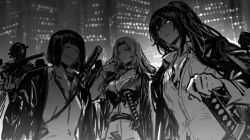 Rule 34 | 1boy, 2girls, blunt bangs, blunt ends, bob cut, breasts, buttons, chest tattoo, city lights, cityscape, coat, coat on shoulders, collared shirt, glowing, glowing eye, greyscale, highres, hong lu (project moon), katana, large breasts, limbus company, long hair, long sleeves, monochrome, multiple girls, night, nishikujic, outdoors, parted bangs, people, project moon, rodion (project moon), ryoshu (project moon), shirt, short hair, sidelocks, sword, tattoo, very long hair, weapon