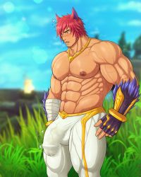 Rule 34 | 1boy, abs, absurdres, animal ears, armpit hair, armpits, bara, biceps, blurry, blurry background, bulge, bush, chest hair, cloud, cloudy sky, coco342, erection, erection under clothes, fingerless gloves, gauntlets, gloves, grass, highres, jewelry, large pectorals, league of legends, male focus, manly, mature male, muscular, muscular male, navel, navel hair, necklace, nipple piercing, nipples, open mouth, outdoors, pants, pectorals, piercing, red hair, scar, scar on face, scar on nose, sett (league of legends), sky, solo, spiked hair, sunlight, sweat, sweatdrop, teeth, thick arms, thick eyebrows, thick thighs, thighs, tight clothes, veins, veiny arms, yellow eyes